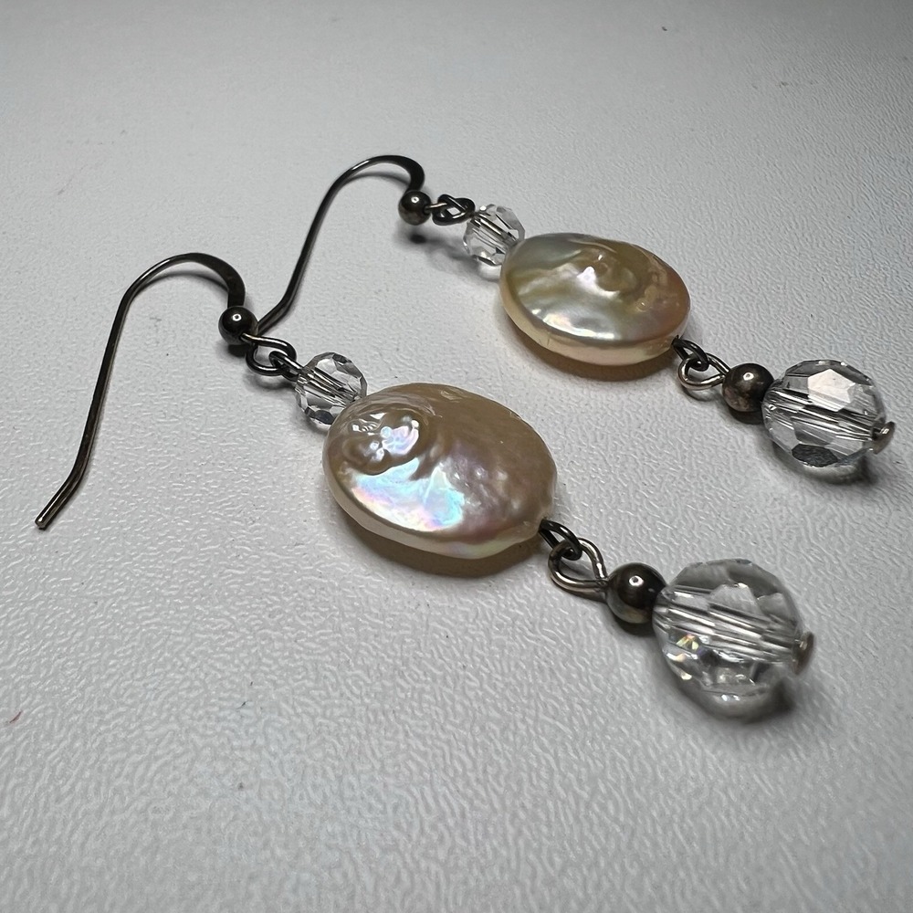 Vintage Pink Coin Pearl Dangle Earrings Clear Crystals Iridescent Finish